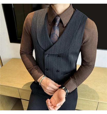 ( Vest+Pants) Autumn Winter Thicken Wool Striped Suit Vest 2 pieces Men Fashion Slim Fit Business Casual Wedding Dress Vest Sets