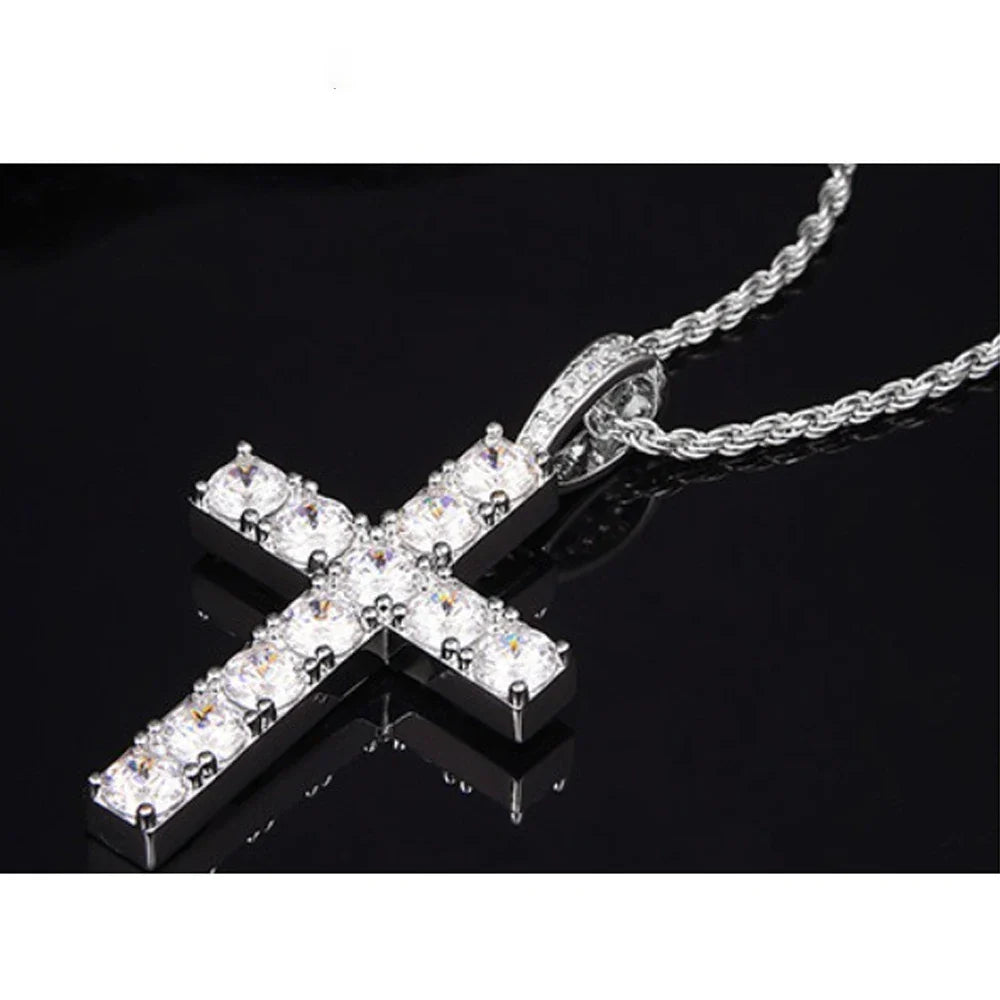 5.5ct Moissanite Cross Necklace Solid s925 Sterling Silver 1.6mm Rope Chain Necklaces for Women Man Christian Jewelry