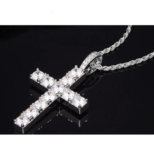 5.5ct Moissanite Cross Necklace Solid s925 Sterling Silver 1.6mm Rope Chain Necklaces for Women Man Christian Jewelry