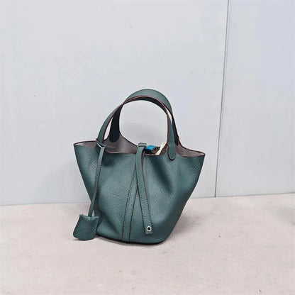 Top Layer Cowhide Leather Handbag European Sle Buet Bag Fre Vegetable Basket Ladies Handbag Soft Handle Casual Faion