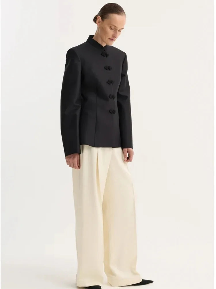 Women's Spring Summer Mandarin Collar Knot Button  Blazer Elegant Office Casual Formal 2026 Trendy Feminine Fashion Blazer
