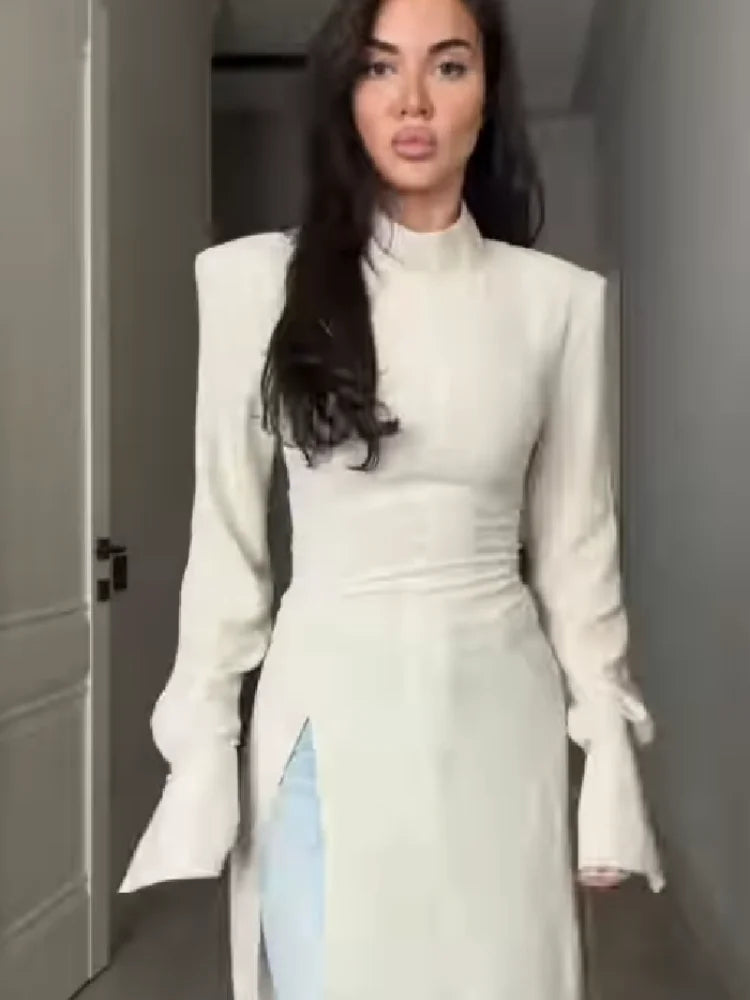 Women's Elegant High Neck Long Sleeve Maxi Dress With Side Slit Shoulder Pad Slim Fit Floor Length Tunic Top Versatile Clothing
