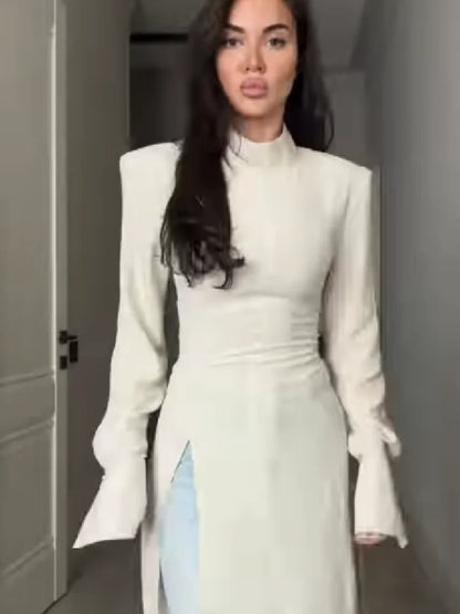 Women's Elegant High Neck Long Sleeve Maxi Dress With Side Slit Shoulder Pad Slim Fit Floor Length Tunic Top Versatile Clothing