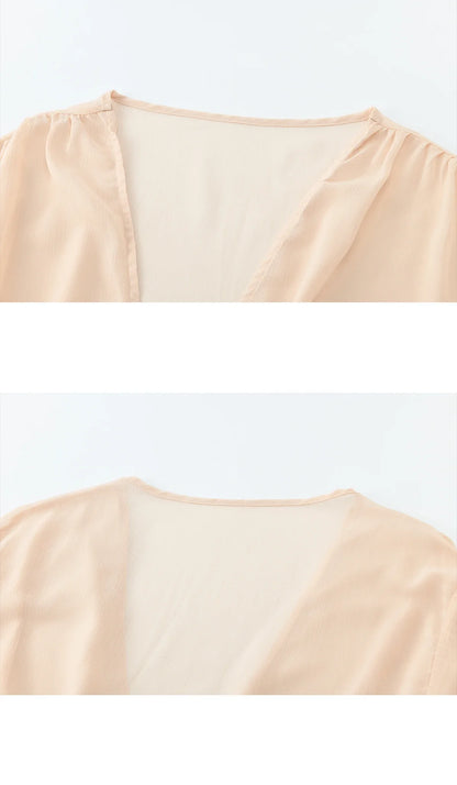 Women's French Style Beige Sheer Chiffon Blouse V Neck Lace Trim Elastic Waist Peplum Top For Spring Summer MXF16T1588