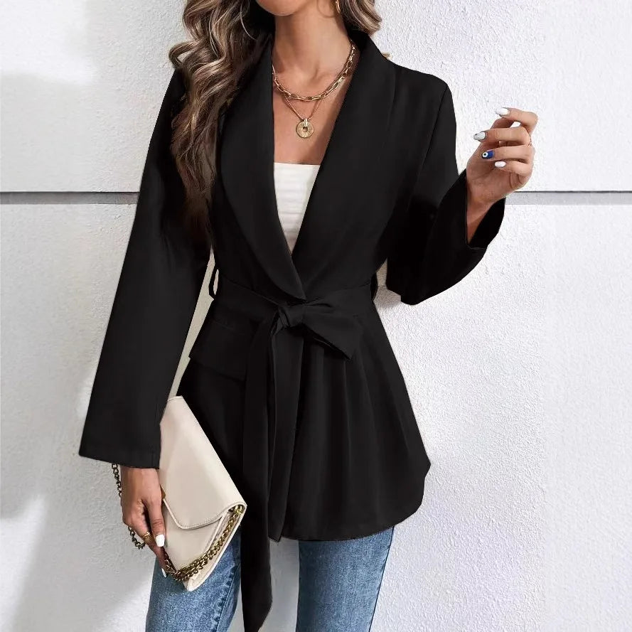 Fashionable Pure Color Long Sleeve Suit Jacket with Belt Waist Cinching Versatile Outerwear for Women Elegant Commute Style