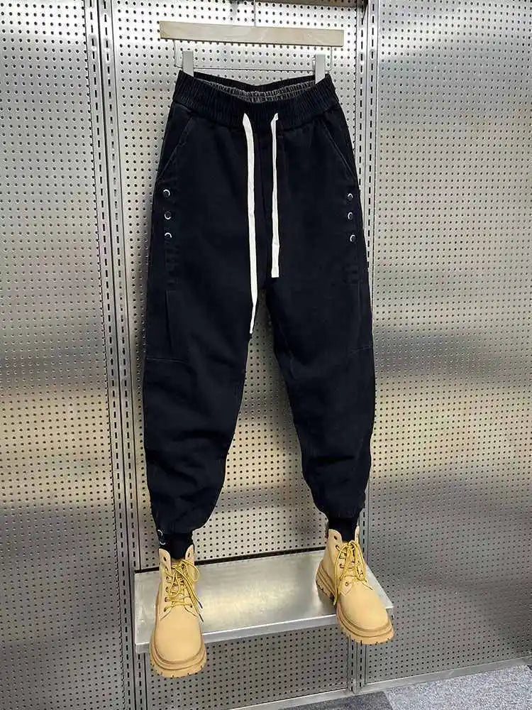 Drawstring Menswear Clothing Handsome Spring New Men's Jeans Korean Elastic Waist Buttons Decorative Fashion Harlan Pants Men