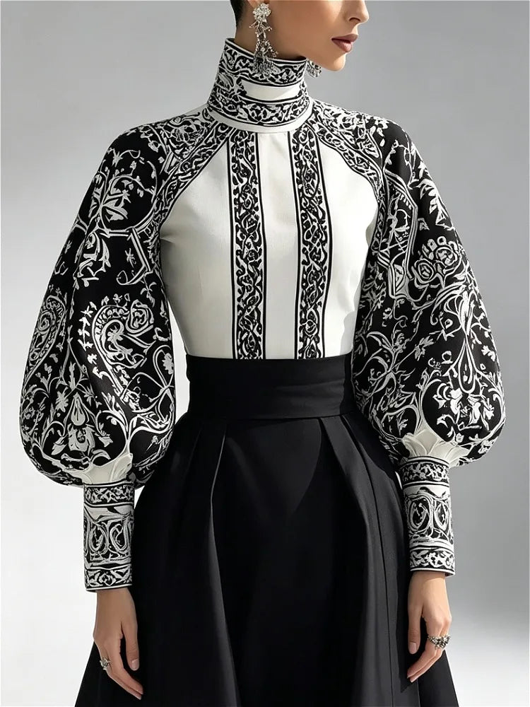 Modigirl Vintage Court Style Black and White Floral Print Blouse Women 2026 Spring Summer High Neck Puff Sleeve Elegant Shirt