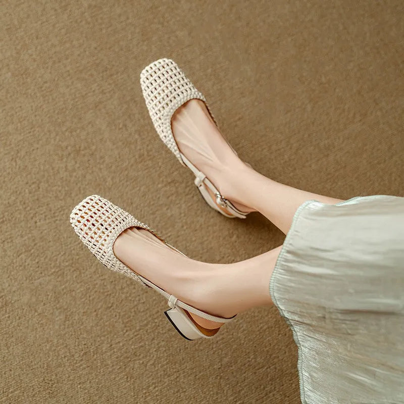French square-toed woven high-heeled sandals, 2025 summer new skeletonized fashionable leather fabric mid-heel women's shoes