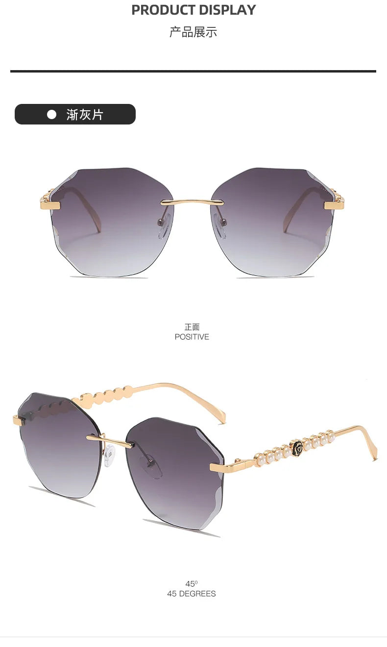 Women's Rimless Cut Edge Sunglasses Pearl Temple Gradient Lens Sun Glasses Elegant Y2K UV400 Shades Luxury Metal Fashion Eyewear