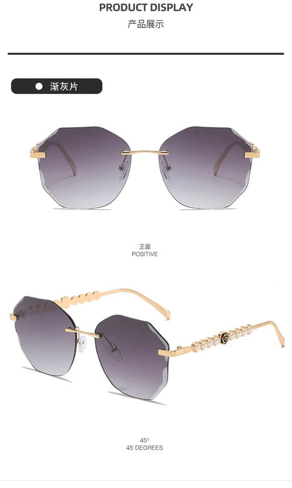 Women's Rimless Cut Edge Sunglasses Pearl Temple Gradient Lens Sun Glasses Elegant Y2K UV400 Shades Luxury Metal Fashion Eyewear