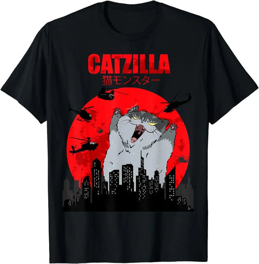 Funny Cute Art Japanese Cat Graphic for Cat Lover Catzilla Tshirts O-neck Women Clothing Streetwear Short Sleeve T Shirt Clothes