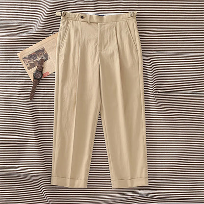 Casual style, blended fabric, men's light khaki twill relaxed straight-fit casual pants with Parisian button, cotton