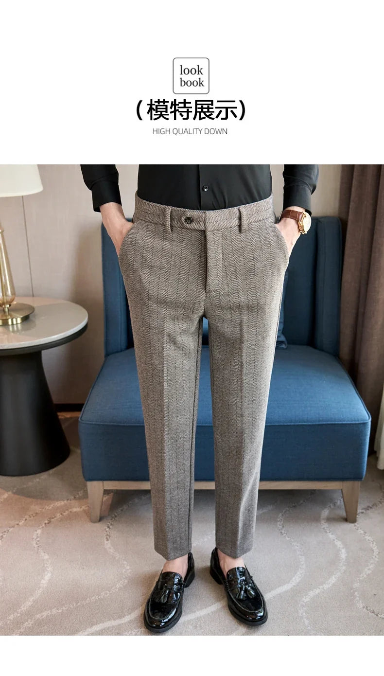 2025 Autumn Winter New Stripe Woolen Cloth Suit Pants Men Thick Warm Fashion Business Casual Male Straight Formal Trousers