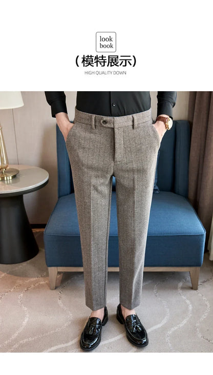 2025 Autumn Winter New Stripe Woolen Cloth Suit Pants Men Thick Warm Fashion Business Casual Male Straight Formal Trousers