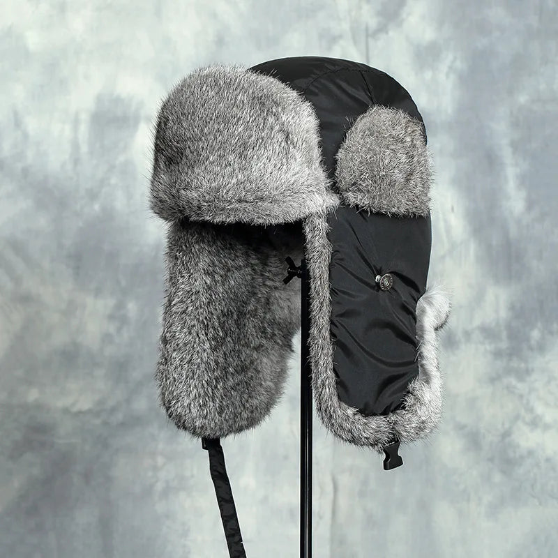 Russia Winter Real fur Hat Unisex Outdoor Windproof Super Warm Real Rabbit Fur Bomber Hats Natural Soft Natural Rabbit Fur Caps