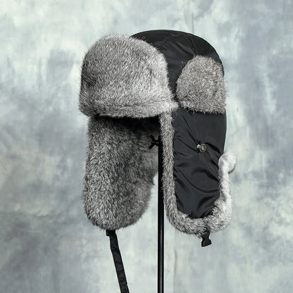 Russia Winter Real fur Hat Unisex Outdoor Windproof Super Warm Real Rabbit Fur Bomber Hats Natural Soft Natural Rabbit Fur Caps