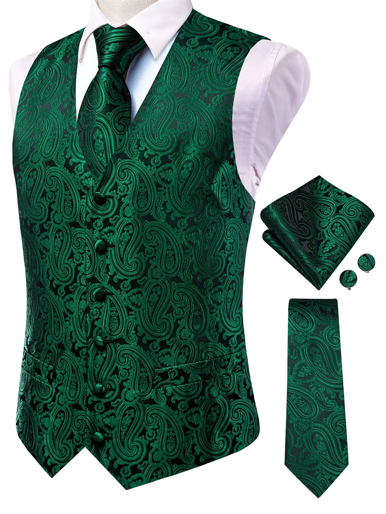 Mens Suit Vests Jacquard Woven Paisley Waistcoat Tie Hankerchief Cufflinks Set Green Teal Mint for Men Weddding Business Party