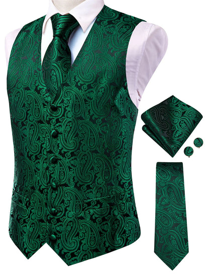 Mens Suit Vests Jacquard Woven Paisley Waistcoat Tie Hankerchief Cufflinks Set Green Teal Mint for Men Weddding Business Party