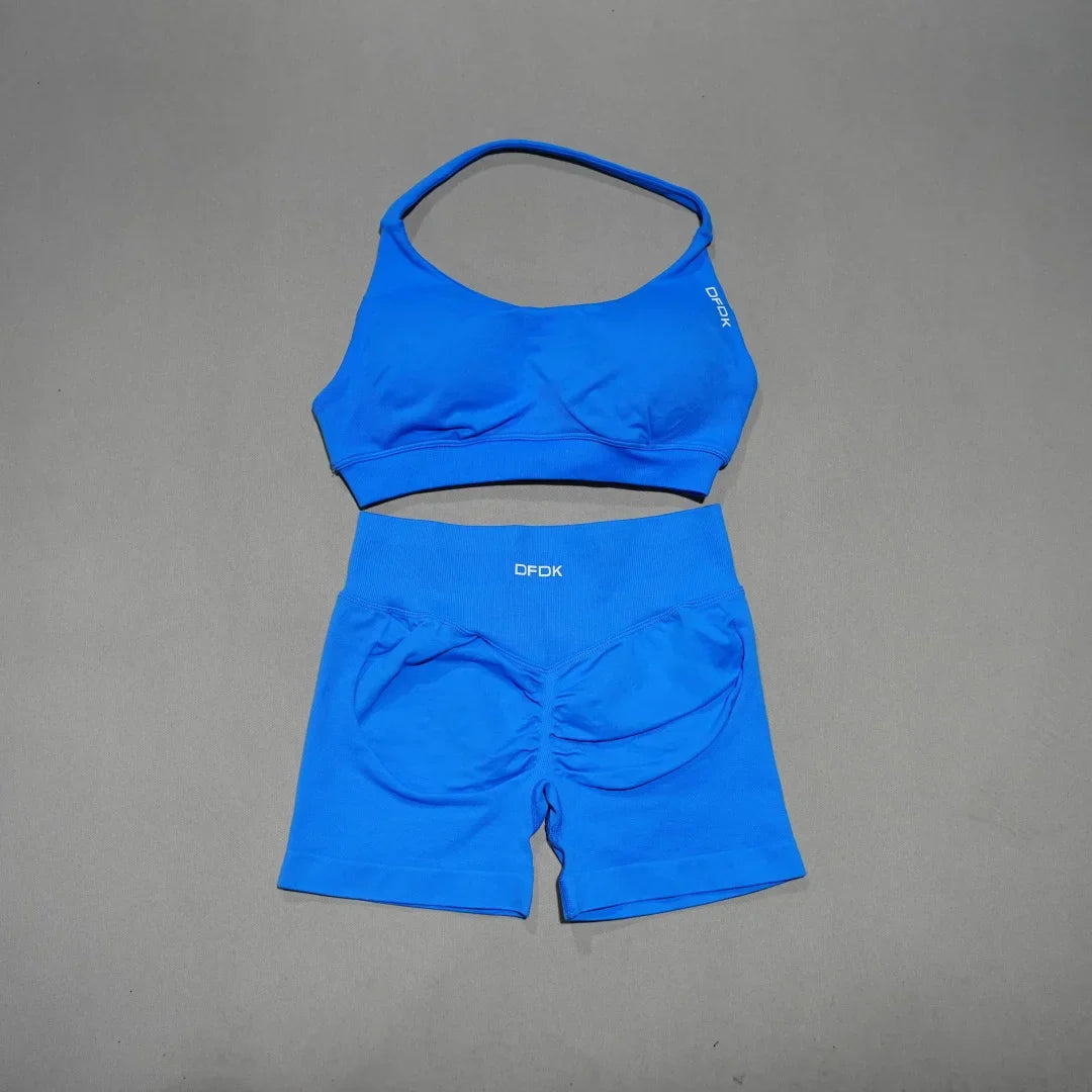 Women's Fashion 2 Piece Sports Set Lace Up Sports Bra Seamless Shorts Leggings Yoga Gym Fitness Running Tracksuit