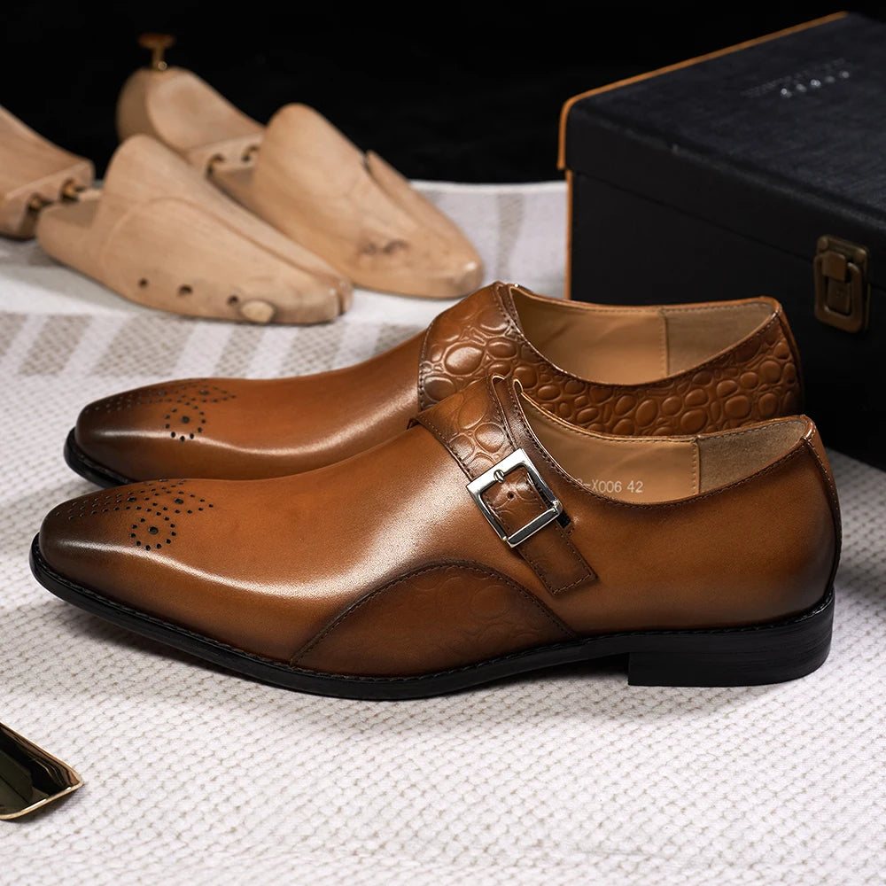 Luxury Men's Genuine Leather Monk Strap Shoes Cowhide Business Office Formal Dress Shoes with Buckle Italian Style for Weddings