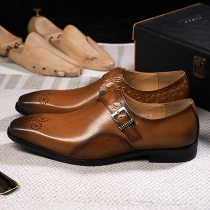 Luxury Men's Genuine Leather Monk Strap Shoes Cowhide Business Office Formal Dress Shoes with Buckle Italian Style for Weddings