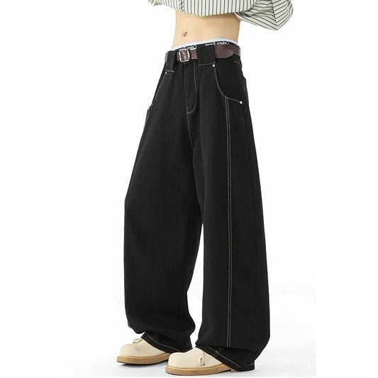 Japanese Korean Casual Black Straight Leg Jeans Men'S Spring Autumn Jeans High Street Loose Pants Wide Leg Pants