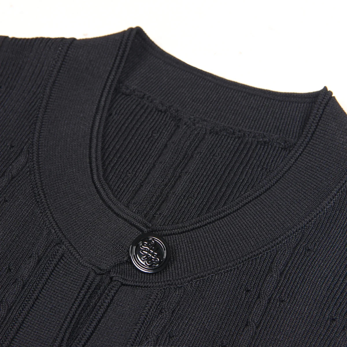 Three Color High-quality New Fashionable Elastic Knitted Hollow Round Neck Single Breasted Short Sleeved Slim Fit Women's Dress
