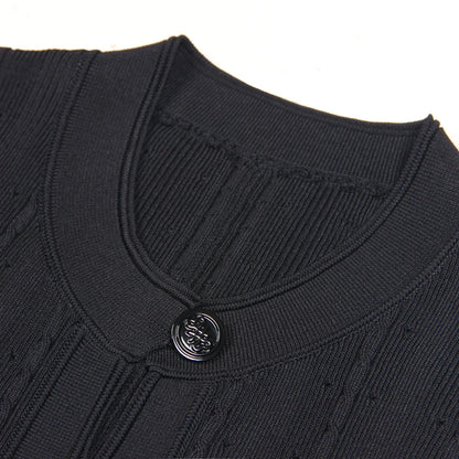 Three Color High-quality New Fashionable Elastic Knitted Hollow Round Neck Single Breasted Short Sleeved Slim Fit Women's Dress
