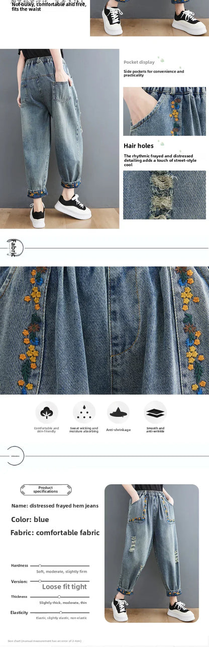 Summer New Sle Artistic Retro Embroidered Hole Denim Jeans Women's Slimming Versatile Elastic Waist Loose Harlan Dad Pants