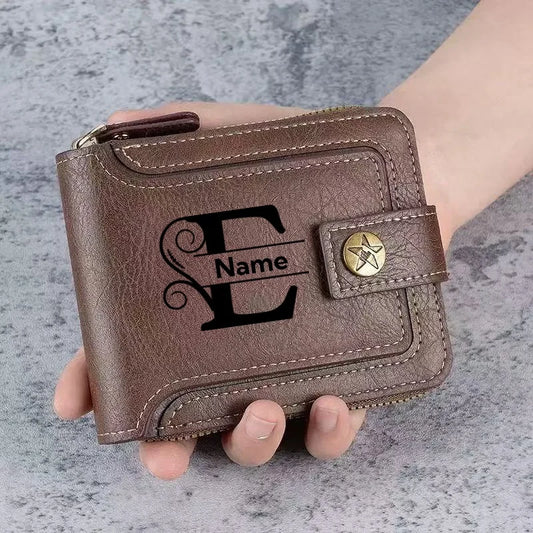 Portefeuille personnalisé pour homme - Portefeuille personnalisé en similicuir pour homme avec nom et lettres gravés, cadeau pour la fête des pères, marron