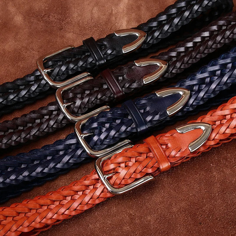 3.5CM Cowhide High Quality Genuine Leather Belts for Men Women Hand Woven Belt Strap Male Pin Buckle Jeans Cowboy Cintos Luxury