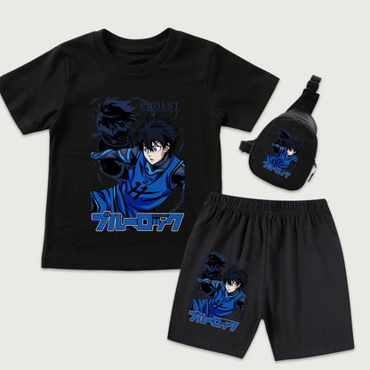 Blue Lock Yoichi Isagi Anime Print Kids Cotton T Shirt Shorts Mini Chest Bag 3Pcs Set Casual Summer Outfit for Boys Girls