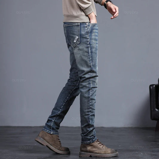 2025 New Four Seasons Men's Jeans Vintage Blue Solid Color Elastic Classic Jeans Men Slim Fashion Denim Trousers Male 27-38