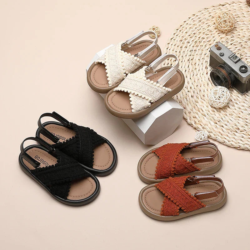 Girls Summer Beach Shoes Ethnic Style Kids Casual Sandals Soft Sole Fashion Children Retro Princess Shoes 2026 Summer New 21-37