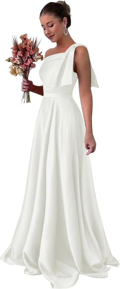 One Shoulder Large Bow Bridesmaid Dress with Pleated Satin and Pockets Simple ,Stylish Ball Dressadies' Guest One Shoulder Dress