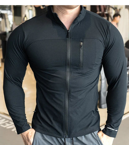 Quick Drying Clothes Men Autumn Sports T-shirt Stand Neck Loose Long Sleeved Outdoor Running Tracksuit Breathable Half Zip Top