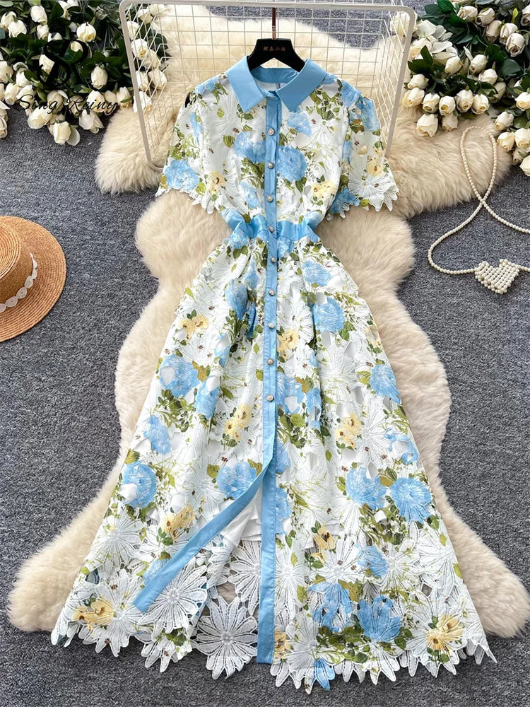 Embroidery Flower Vacation Dress French Style Blet Lapel Slim High Quality Hollow Out Ladies Elegant A-line Long Dress