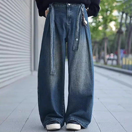 Korean Style Design Belt Jeans Men'S Casual Loose Retro Blue Straight Leg Pants High Street Wide Leg Pants
