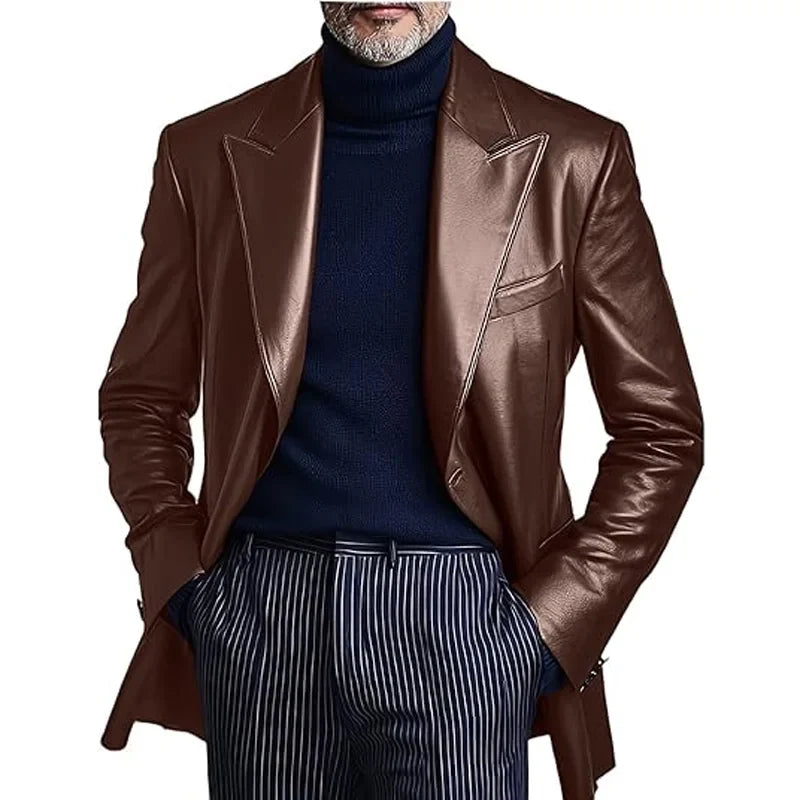 Men's Dress Leather Jacket Burgundy Luxury Slim Fit Notchde Lapel Flap Pocket Retro Soft Sport Coat For Business Casual