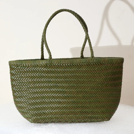 Women's Genuine Leather Handbag Vintage Big Tote Purse Casual Shoulder Bag Cowhide Weaving Shopping Crossbody Bag for Ladies