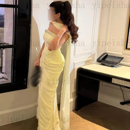 Customized Strapless Evening Dresses Pleat rhinestone Beading Draped Straight ProM Gown Modern Long Chiffon Backless Party Dress