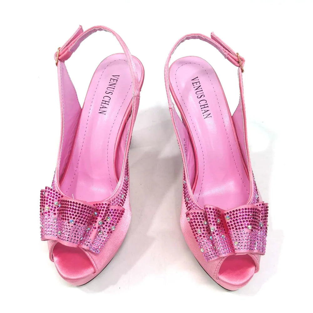 Women High Heels Sandals Printing Flower Material with Rhinestone Italian Design Coffee Color Open-Toed Shoes