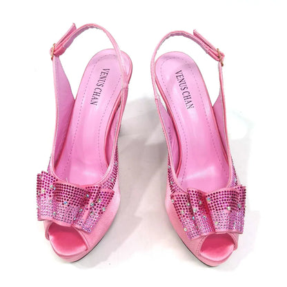 Women High Heels Sandals Printing Flower Material with Rhinestone Italian Design Coffee Color Open-Toed Shoes