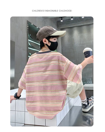 Children Summer Pink Blue Striped Suit Top and Bottom Clothes Set For Teen Boy New Fashion Tracksuit Outfit Kids Casual Clothing