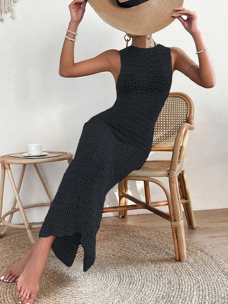 Fashionable and Elegant Hollow Out Dress with Round Neck and Waist Clip Skirt, Sleeveless Slim Fit Woolen Dress for Women