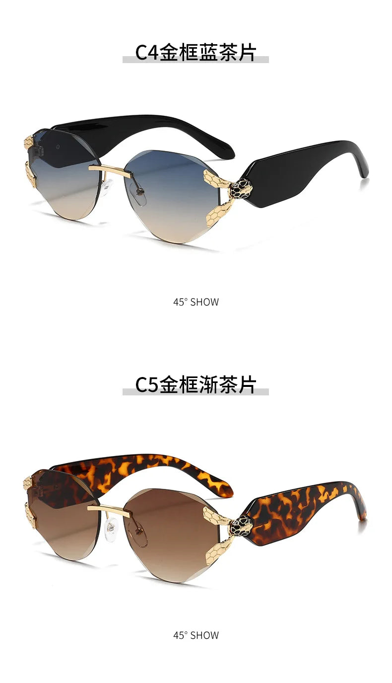 2026 Snake Head Decor Rimless Sunglasses Women's UV400 Protection Shades Wide Temple Gradient Sun Glasses for Street & Driving