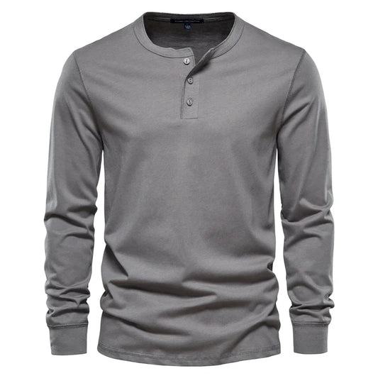 Henley Collar T Shirt Men Casual Solid Color Long Sleeve T Shirt for Men Autumn High Quality 100% Cotton Mens T Shirts