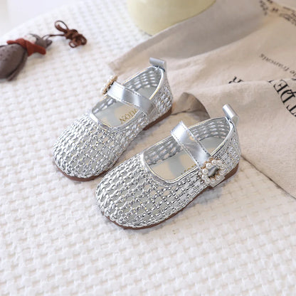 Spring Girl's Sandals Braided Pearl Hook-loop Chic Kid's Flat Shoe Solid Colors Anti-slip Casual Versatile Children Shoes 4-6Y