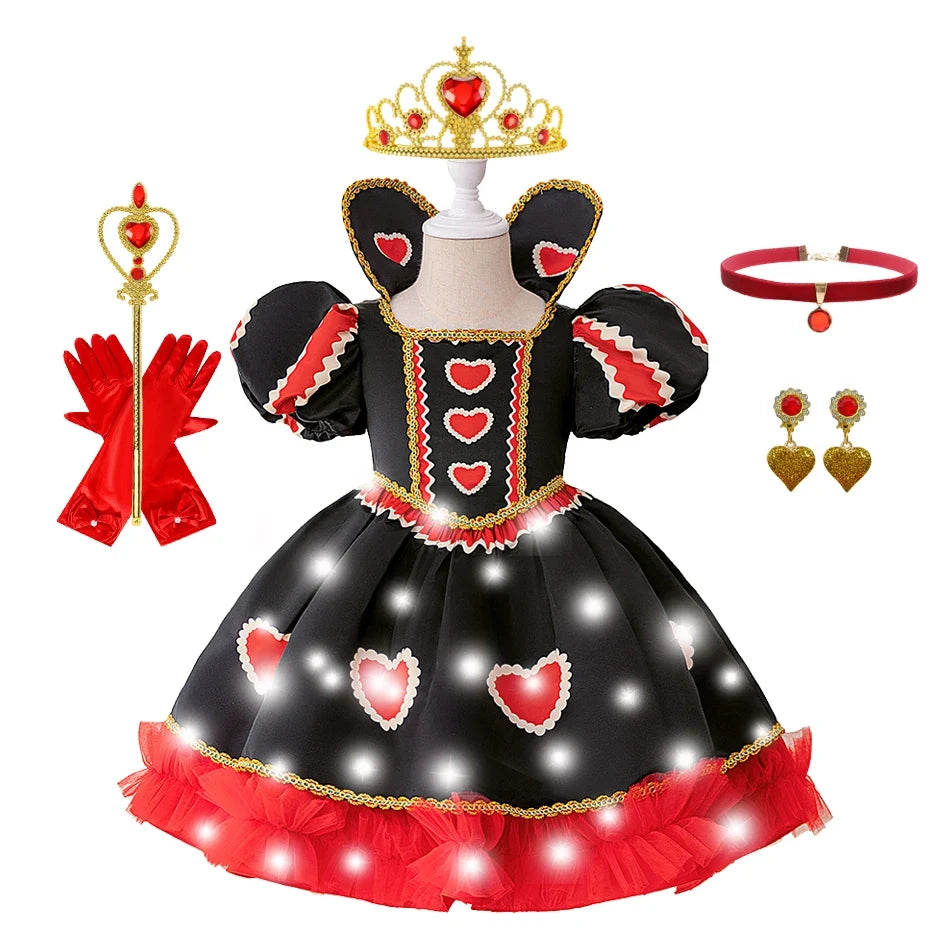 Halloween Red Queen Costume Girls Queen of Hearts Costume with Heart Details Stand Collar Red Black White Carnival Dress