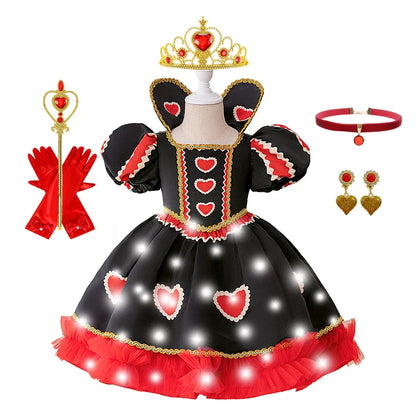 Halloween Red Queen Costume Girls Queen of Hearts Costume with Heart Details Stand Collar Red Black White Carnival Dress